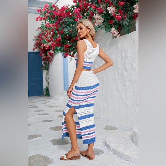 Striped Openwork Cropped Tank and Split Skirt Set - Picture 10 of 16